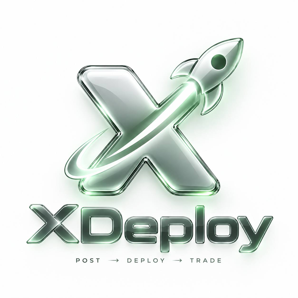XDeploy silver and mint rocket logo, Post → Deploy → Trade
